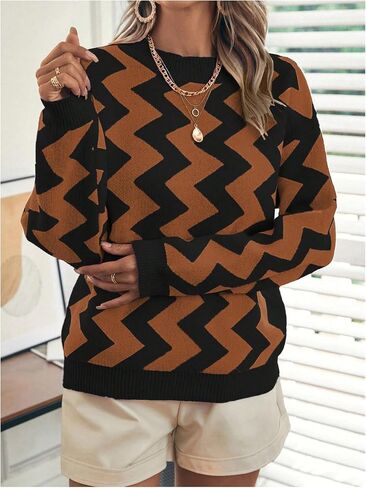 GORGLITTER Women's Chevron Striped Sweater Long Sleeve Crewneck Pullover Knit Top in Saudi Arabia