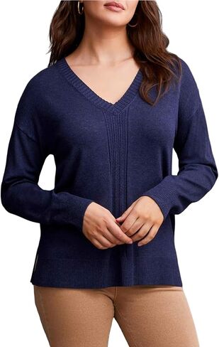 Tribal Women's Long Sleeve Ribbed V-Neck Tug Free Fit Sweater with Cable Knit Detail in Kuwait