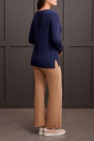 Tribal Women's Long Sleeve Ribbed V-Neck Tug Free Fit Sweater with Cable Knit Detail in Kuwait