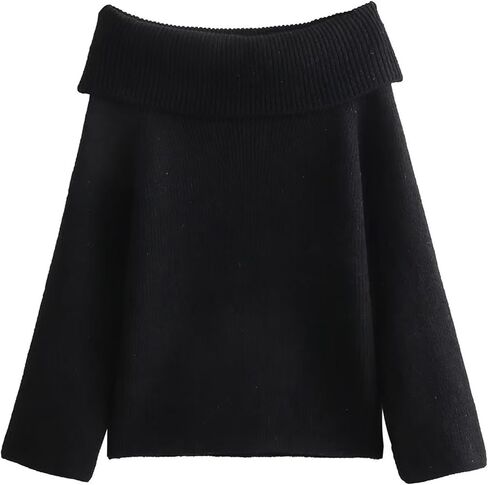 بلوفر نسائي من Wyeysyt بدون أكتاف محبوك كبير الحجم بلوفر بأكمام طويلة مكتنزة (أسود - L)، مقاس كبير in Kuwait