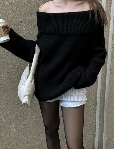 بلوفر نسائي من Wyeysyt بدون أكتاف محبوك كبير الحجم بلوفر بأكمام طويلة مكتنزة (أسود - L)، مقاس كبير in Kuwait