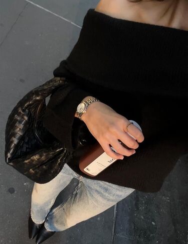 بلوفر نسائي من Wyeysyt بدون أكتاف محبوك كبير الحجم بلوفر بأكمام طويلة مكتنزة (أسود - L)، مقاس كبير in Kuwait