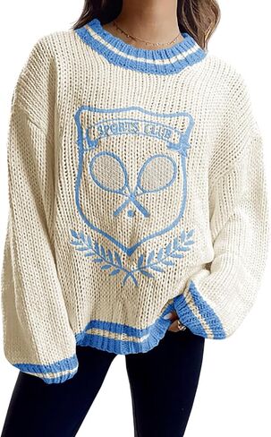 Saodimallsu Womens Oversized Chunky Sweater Crew Neck Long Sleeve Vintage Graphic Embroidered Pullover Tops in Kuwait