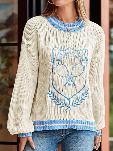 Saodimallsu Womens Oversized Chunky Sweater Crew Neck Long Sleeve Vintage Graphic Embroidered Pullover Tops in Kuwait