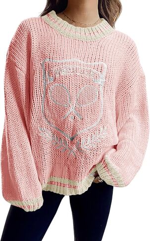 Saodimallsu Womens Oversized Chunky Sweater Crew Neck Long Sleeve Vintage Graphic Embroidered Pullover Tops in Kuwait