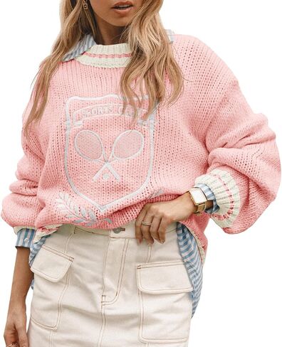 Saodimallsu Womens Oversized Chunky Sweater Crew Neck Long Sleeve Vintage Graphic Embroidered Pullover Tops in Kuwait