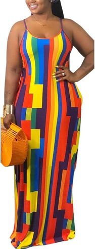BFFBABY Womens Summer Suspender Maxi Dress Plus Size Striped Printed Sleeveless with Pockets and Belt in Kuwait