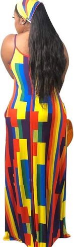 BFFBABY Womens Summer Suspender Maxi Dress Plus Size Striped Printed Sleeveless with Pockets and Belt in Kuwait