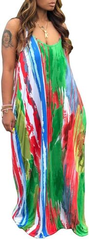BFFBABY Womens Summer Suspender Maxi Dress Plus Size Striped Printed Sleeveless with Pockets and Belt in Kuwait