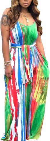 BFFBABY Womens Summer Suspender Maxi Dress Plus Size Striped Printed Sleeveless with Pockets and Belt in Kuwait