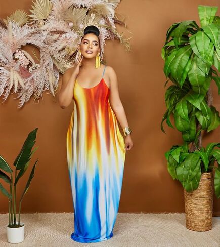 BFFBABY Womens Summer Suspender Maxi Dress Plus Size Striped Printed Sleeveless with Pockets and Belt in Kuwait