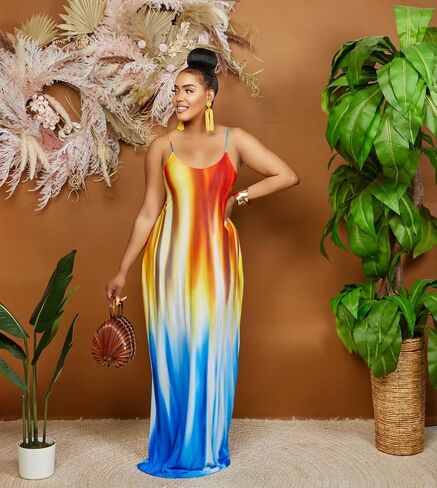 BFFBABY Womens Summer Suspender Maxi Dress Plus Size Striped Printed Sleeveless with Pockets and Belt in Kuwait