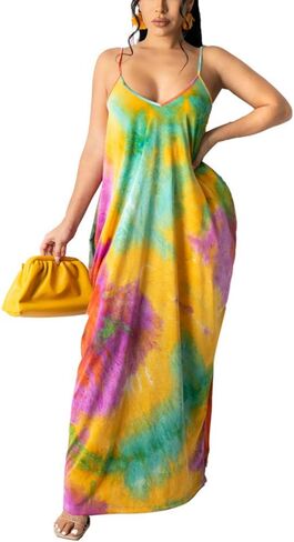 BFFBABY Womens Summer Suspender Maxi Dress Plus Size Striped Printed Sleeveless with Pockets and Belt in Kuwait