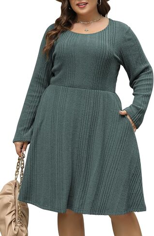 Nemidor Womens Plus Size Scooped Neck Long Sleeve Ribbed Midi Swing Dress with Pocket NEM543 in Kuwait