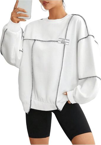 Floerns Women's Crew Neck Long Sleeve Sweatshirts Contrast Stitching Pullover Tops in Saudi Arabia