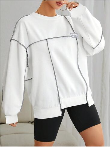 Floerns Women's Crew Neck Long Sleeve Sweatshirts Contrast Stitching Pullover Tops in Saudi Arabia