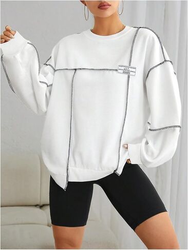 Floerns Women's Crew Neck Long Sleeve Sweatshirts Contrast Stitching Pullover Tops in Saudi Arabia