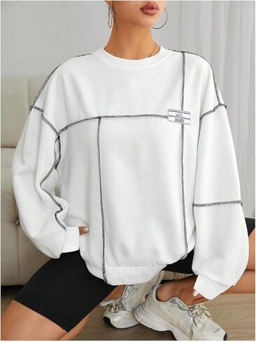 Floerns Women's Crew Neck Long Sleeve Sweatshirts Contrast Stitching Pullover Tops in Saudi Arabia