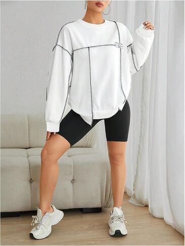 Floerns Women's Crew Neck Long Sleeve Sweatshirts Contrast Stitching Pullover Tops in Saudi Arabia
