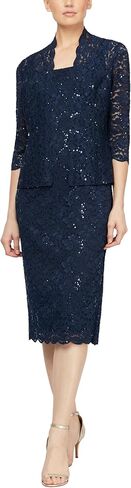 S.L. Fashions Women's Tea Length Sequin Lace Mother of The Bride Dress with Illusion Sleeve Jacket in Kuwait