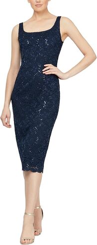 S.L. Fashions Women's Tea Length Sequin Lace Mother of The Bride Dress with Illusion Sleeve Jacket in Kuwait