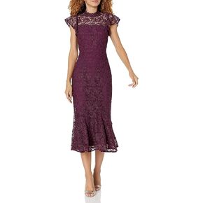 Shoshanna Women's Lea Flutter Sleeve Plum Lace Midi Dress
