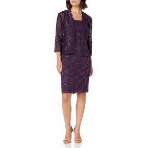 S.L. Fashions Women's Tea Length Sequin Lace Dress with Illusion Sleeve Jacket