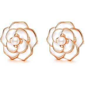 Reffeer Solid 925 Sterling Silver Camellia Flower Stud Earrings for Women Teens Flower Stud Earrings Pearl Studs