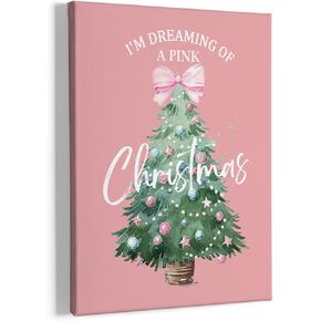 HIWX Pink Bow Christmas Wall Decor, I'm Dreaming Of a Pink Christmas Bow Framed Canvas Painting Wall Art Decor, Pink Christmas Xmas Wall Art Home Decoration For Kids Girls Baby Room Bedroom 11x14
