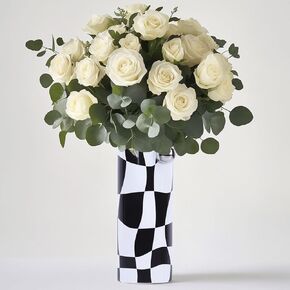 Black and White Checkered Vase, Modern Checkered Decor Black and White Vases, Decorative Ceramic Flower Vase, Black and White Decorative Vase for Room, Office, Bedroom, Living Room Decor