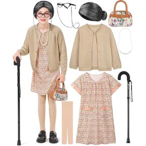 8 Pieces Old Lady Costume for Girls, 100 Days of School Costume for Kids Grandma Wig Granny Dress Cosplay Outifits in Kuwait
