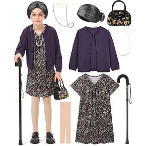 8 Pieces Old Lady Costume for Girls, 100 Days of School Costume for Kids Grandma Wig Granny Dress Cosplay Outifits