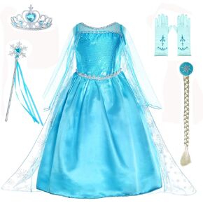 Princess Dress Up Costumes for Little Girls Birthday Party with Wig,Crown,Mace,Gloves Accessories 3-10 Years