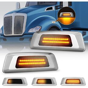 Front LED Side Marker Lights Compatible with Kenworth T680 T700 T880 2011-2017 Sequential Amber Turn Signal Lights Smoked Lens