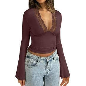 REORIA Womens Lace V Neck Bell Sleeve Sexy Going Out Double Lined Trendy Y2K Crop Tops