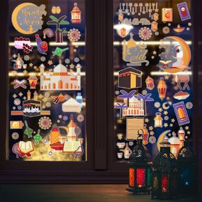 GWHOLE 180Pcs Ramadan Window Clings, Ramadan Window Sticker, Ramadan Gel Clings Eid Mubarak Decorations Eid Al-Fitr Moon Sticker Party Supplies for Home Party Favor Decor