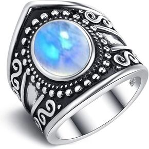 MYLYAHY Natural Stone Wide Band Ring for Women Girls,Vintage S925 Sterling Silver Boho Thumb Ring Jewelry Gift for Her