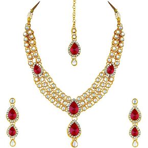 Aheli Gold Plated Traditional Kundan Long Necklace Jewellery Set with Earring Maang Tikka Gift for Women