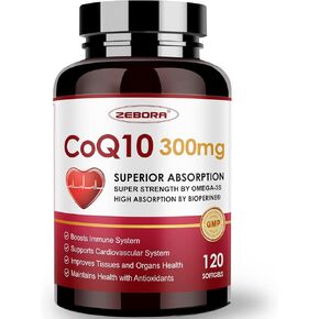ZEBORA CoQ10-300mg-Softgels with PQQ, BioPerine & Omega-3, 120 Servings Coenzyme Q10 (Ubiquinone) Supplement for High-Absorption, Powerful-Antioxidant, Support Heart-Health & Energy-Production