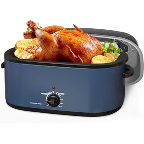 8 Quart Roaster Oven with Self-Basting Lid, Turkey Roasting Pan with Removable Roasting Rack, Turkey Defrost & Warm Function, Adjustable Temperature for Use as a Slow Cooker, Stainless Steel, Black