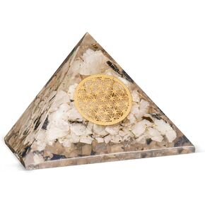 FASHIONZAADI Rainbow Moonstone E-Energy Crystal Pyramid, Reiki Sacred Geometry Flower of Life Symbol, Handmade Spiritual Gifts, Natural Raw Stones, Chakra Balancing Figurine, 2 Inch Approx