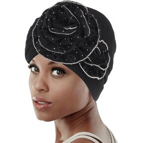 Bohend African Black Turban Flower Stretchy Women Head Wraps Rhinestone Elastic Head Scarf for Head Covering