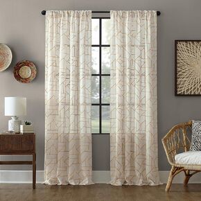 Archaeo Fragmented Geometric Embroidery Mid-Century Modern Natural Linen Blend Curtain, 50" x 95", Black/Linen