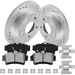 Rear Brake Pads and Rotors Kit Compatible with Select Ford Models,Mustang 1994-2004,Drilled Slotted Brake Rotors Ceramic Brake Pads automotive replacement brake kits 10.5 inch(267mm)