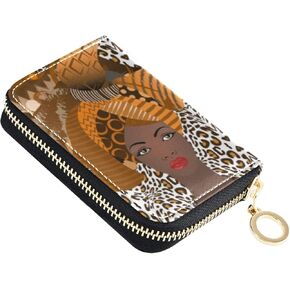 African Women In Leopard Print RFID Credit Card Wallet, Microfiber Leather Zipper Card Case Holder for Women