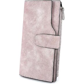 UTO RFID Wallet for Women PU Matte Leather Card Holder Organizer Zipper Coin Purse with Snap Closure Pink
