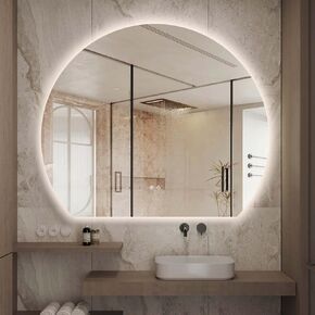 Niccy Half Moon Round LED Bathroom Mirror for Wall, 48" Irregular LED Mirror with Anti-Fog, 3-Color Adjustal, Dimmable, Semi Circle Frameless Makeup Mirror for Bathroom, Explosion-Proof