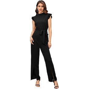 WDIRARA Women's Ruffle Trim Cap Sleeve High Neck Romper Long Straight Leg Jumpsuit