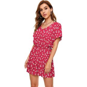 Women's Polka Dot Leopard Jumpsuits Solid Color V-Neck Floral Printed Flutter Sleeve Pocket Romper