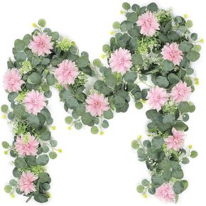 Dremisland Eucalyptus Garland with Flowers 2 Pack 12Ft Fake Flower Garland with White Dahlia Silk Floral Greenery Garland Wedding Decor Party Table Arch Garden Home Decoration (White, 2PCS)